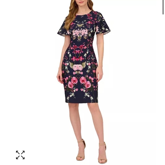 Adrianna Papell Floral print knee length sheath dress navy pink 8 - Picture 1 of 11